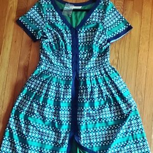 Green-blue print button down swing dress